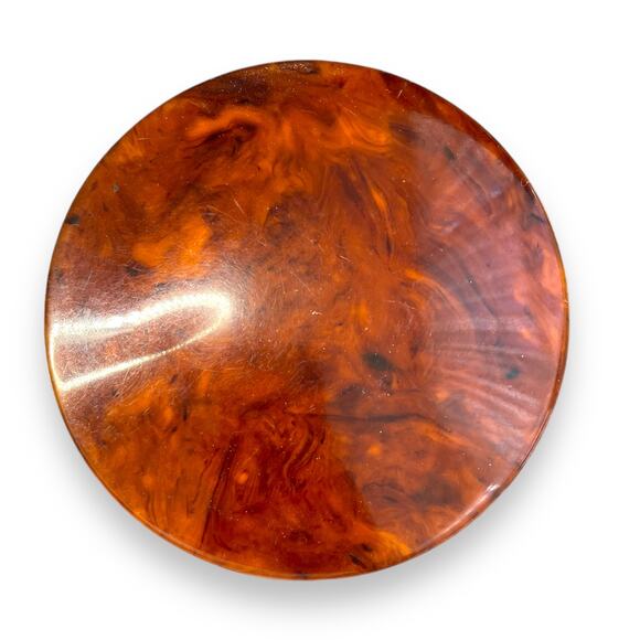 Antique Victorian Celluloid Faux Burl Wood Lovers Couple Nice Wool Puff Compact - Picture 2 of 5